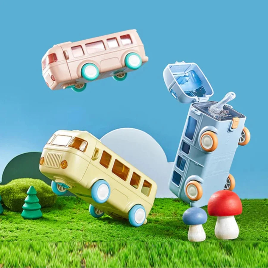 Bus Shape School Water Bottle | 500ml | With Strap | Cute & Leak-Proof