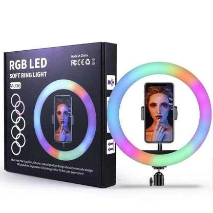 MJ36 RGB LED Soft Ring Light – 36cm | 16 Colors, Adjustable Brightness, with Phone Holder
