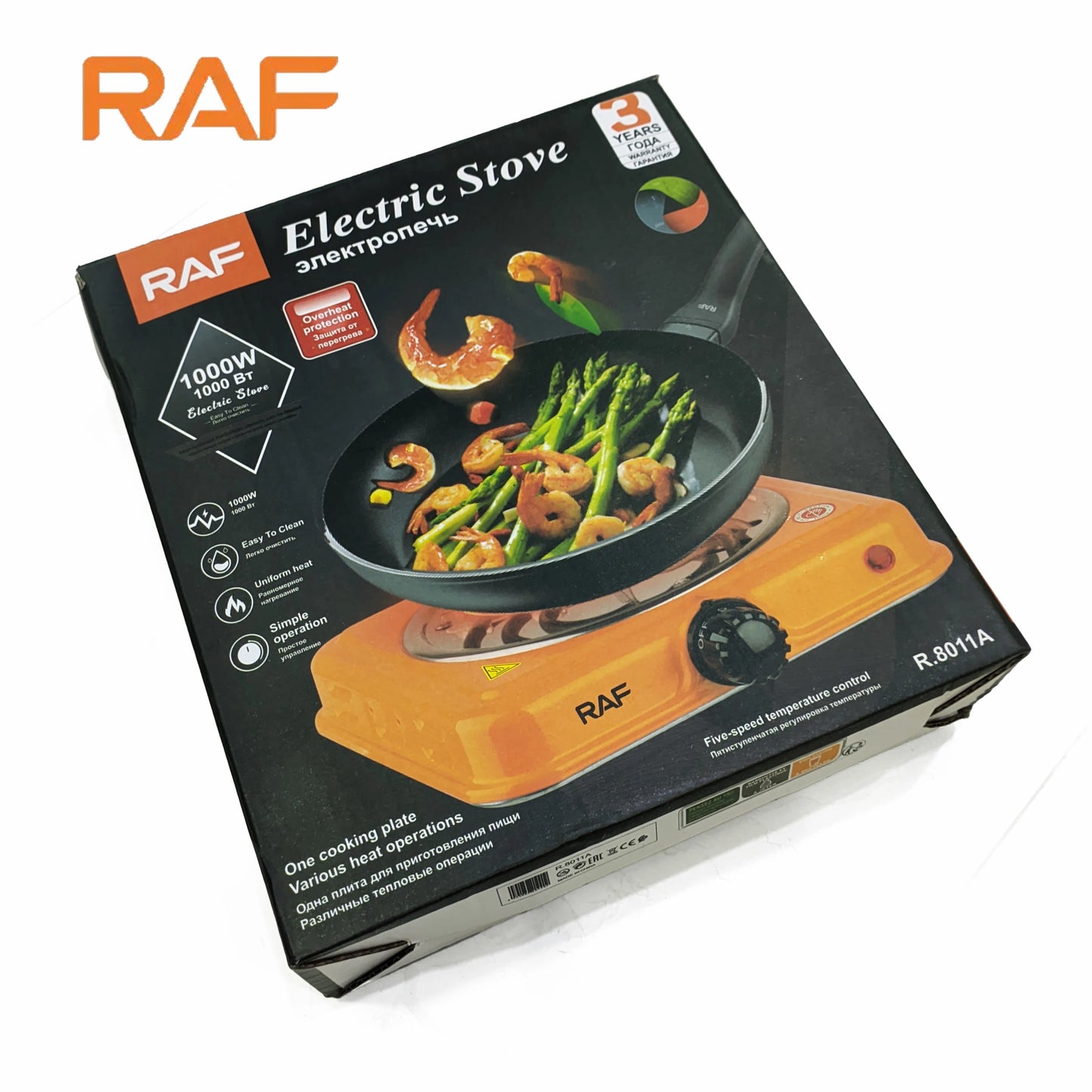 RAF R.8010B Electric Stove Hot Plate and Cooker with 1000W Power, Thermostat, and Uniform Heating