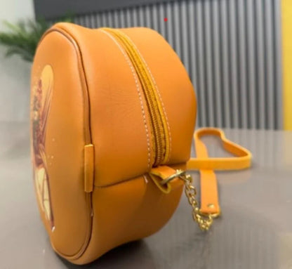 Round Retro Crossbody Handbag | Caramel Faux Leather with Artistic Print for Women
