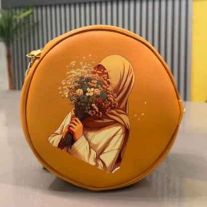 Round Retro Crossbody Handbag | Caramel Faux Leather with Artistic Print for Women