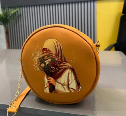 Round Retro Crossbody Handbag | Caramel Faux Leather with Artistic Print for Women